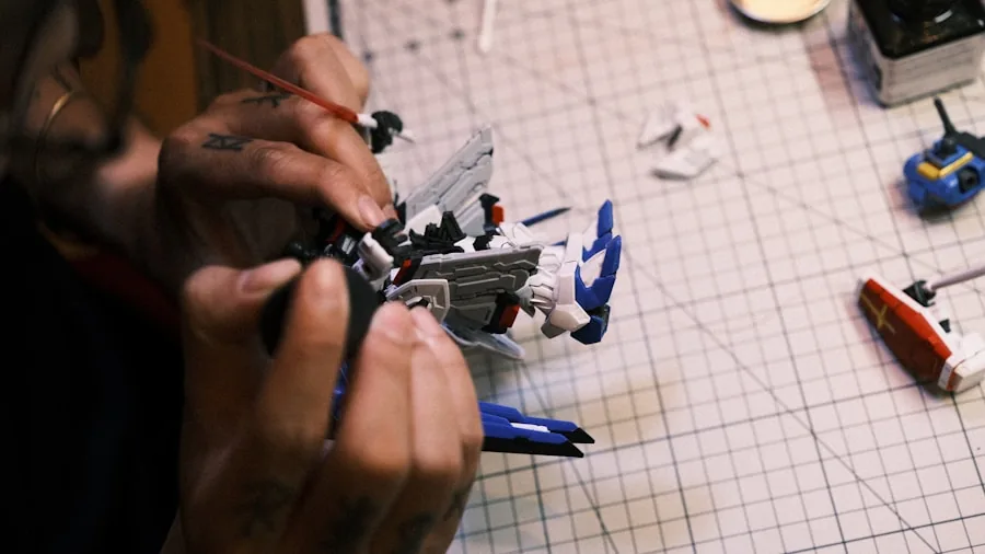 Person carefully repairing a damaged toy helicopter indoors, focusing on durability and maintenance