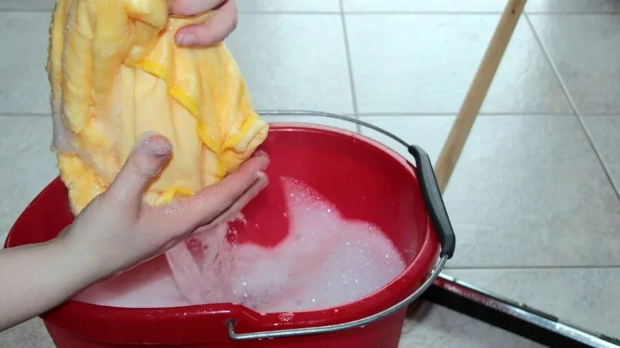Person cleaning and maintaining a pet cage with attention to hygiene and organization