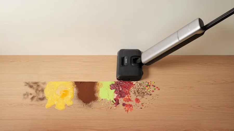 Person cleaning hardwood floor with modern cleaning equipment in bright home interior