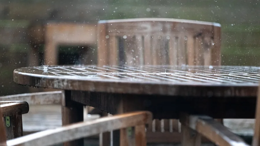 Person enjoying covered outdoor patio during light rain, demonstrating weatherproof outdoor space