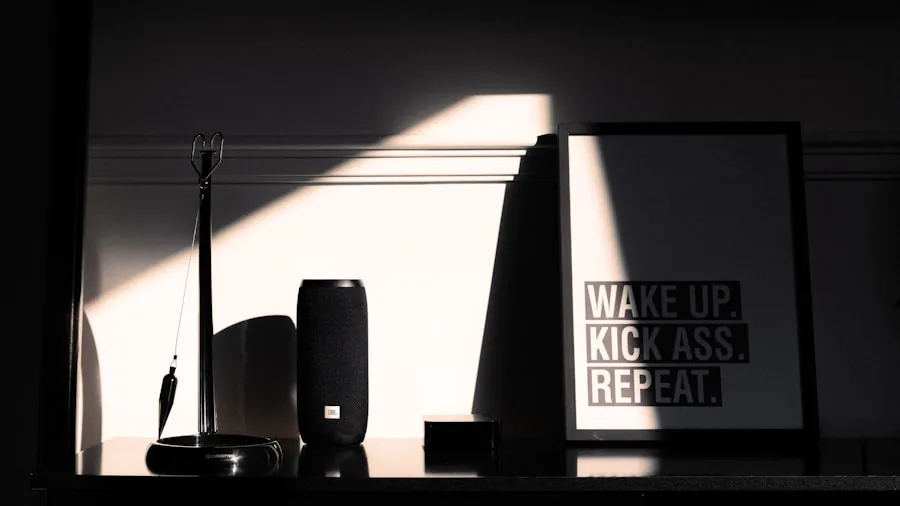 Person enjoying music from a small speaker on bedroom nightstand during morning routine