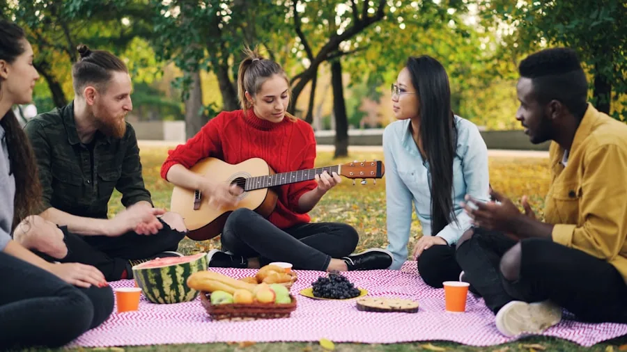 Person enjoying music outdoors with over-ear headphones in natural daylight setting