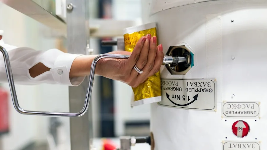 Person examining safety certification details on bedding product before purchase