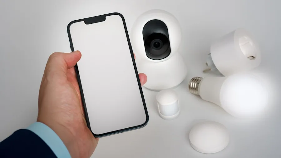 Person examining smart home device options in modern living room setting