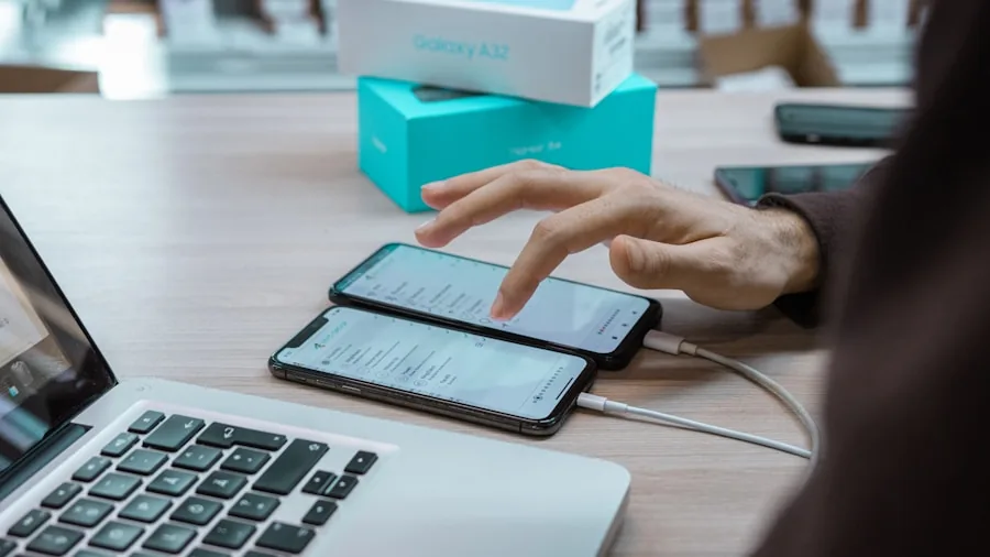 Person examining wireless technology device with thoughtful consideration during shopping decision