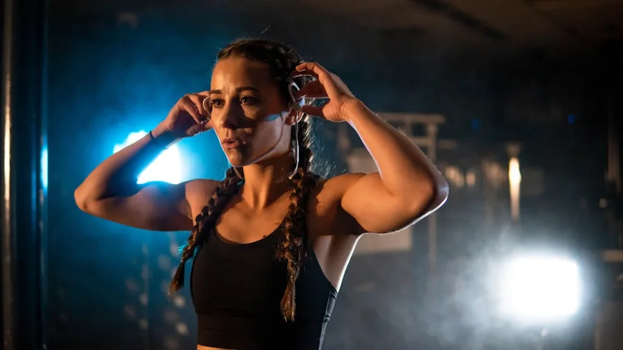 Person exercising intensely outdoors, wiping sweat from forehead during cardio training session