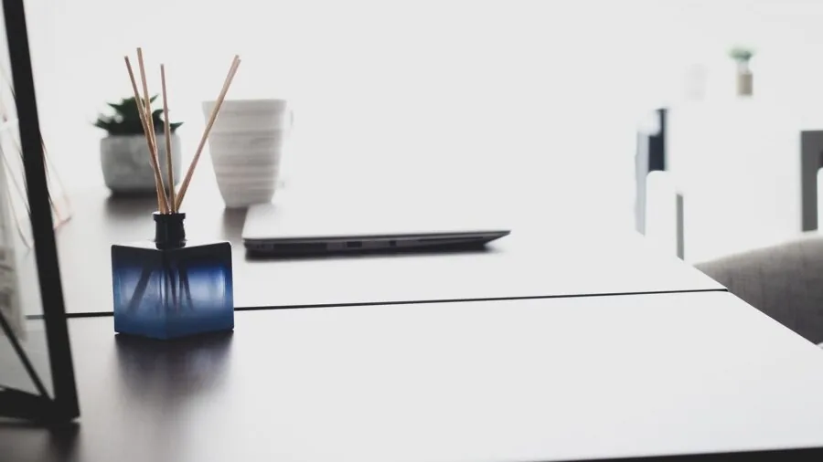 Person flipping reed diffuser sticks in decorative vase at home shelf