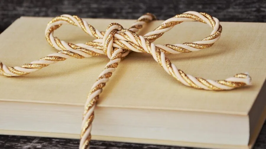 Person holding a beautifully wrapped book gift, lifestyle reading scene with natural lighting and cozy aesthetic