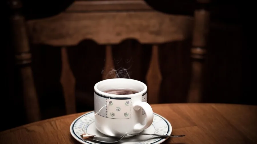 Person holding a steaming mug while camping in nature with misty morning atmosphere