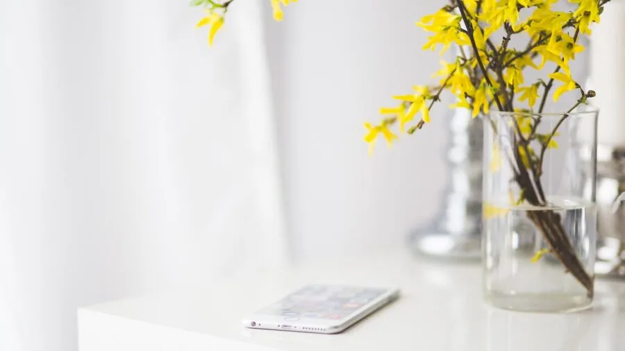 Person holding smartphone while installing smart home device in modern living room