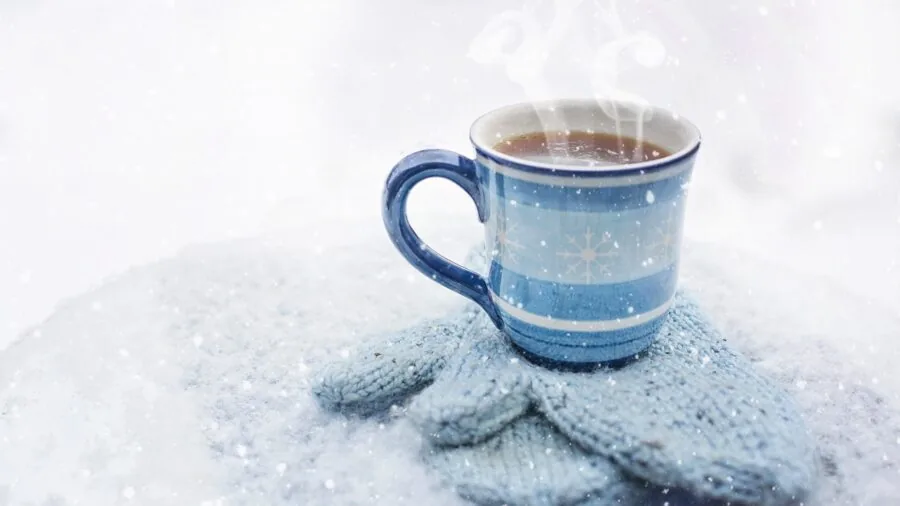 Person holding warm mug of coffee on a cool morning, steam rising from the cup