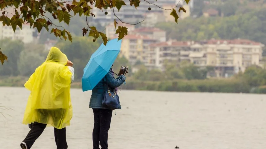 Person in sustainable rain poncho during light rainfall in natural outdoor setting