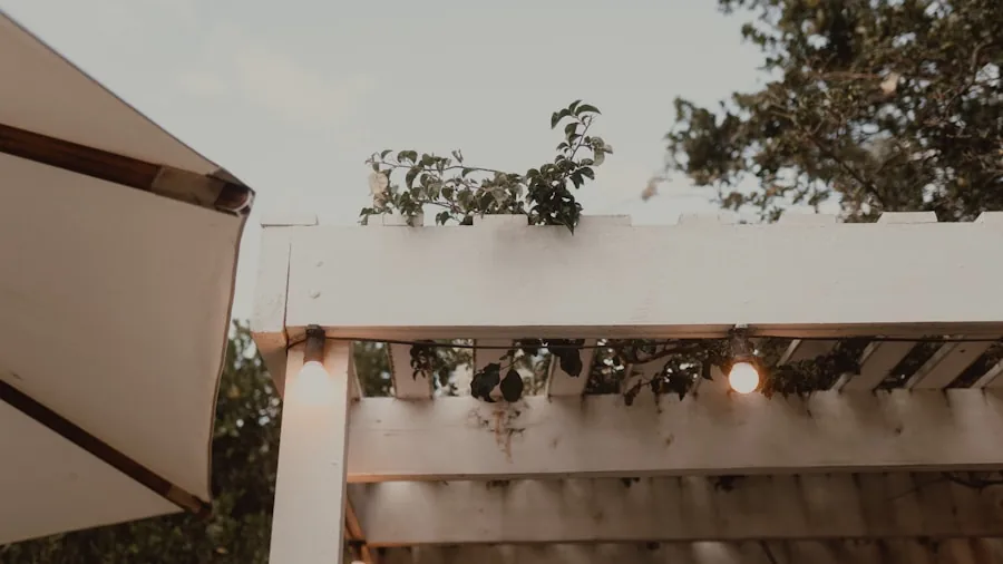 Person installing string lights on wooden pergola structure in backyard garden setting