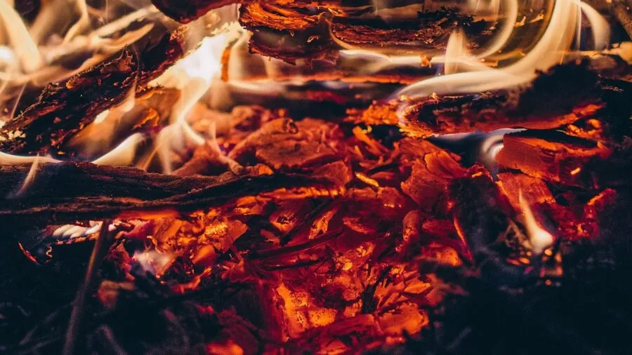 Person lighting a campfire with wood logs in natural outdoor setting during camping trip