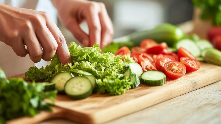 Person mixing ingredients in kitchen bowl during meal preparation