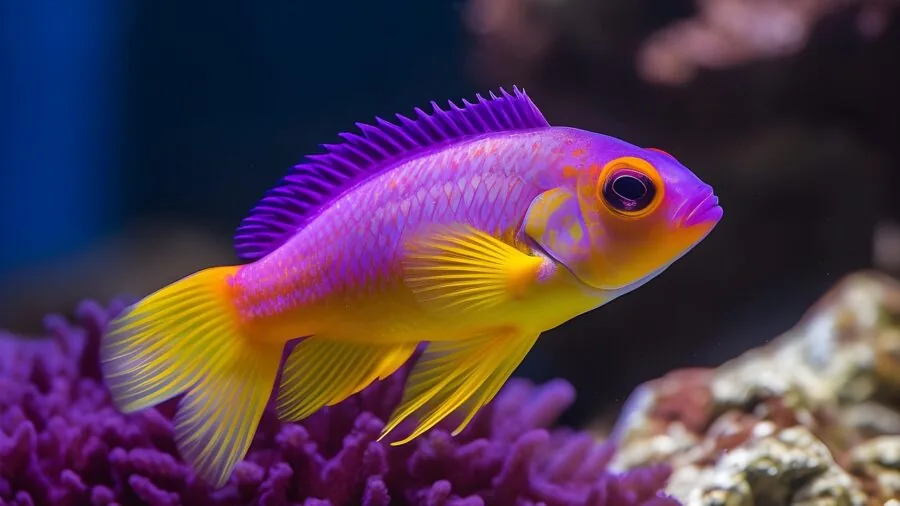 Person observing fish swimming in home aquarium during daytime