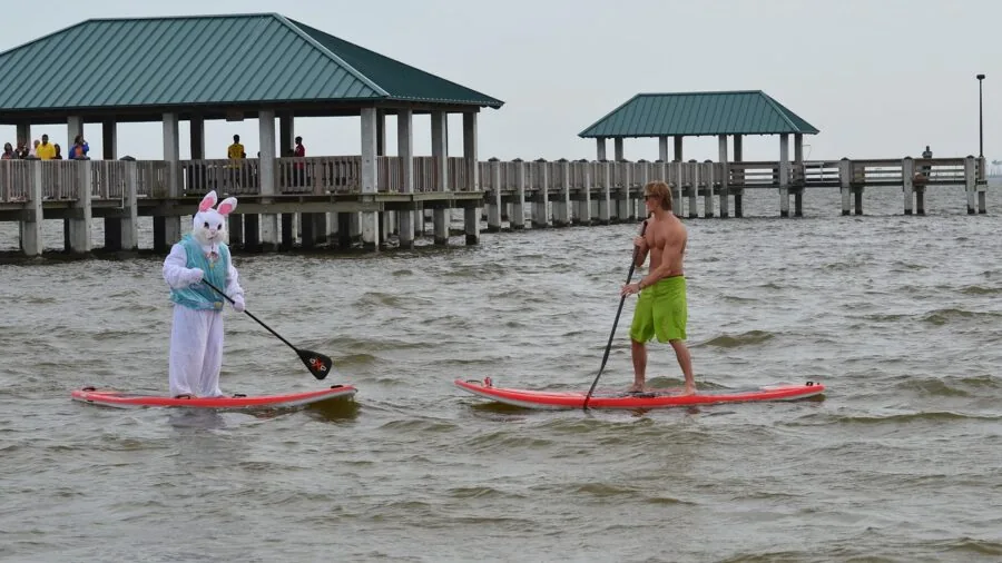 Person organizing and checking paddle board accessories and equipment by the water before paddling