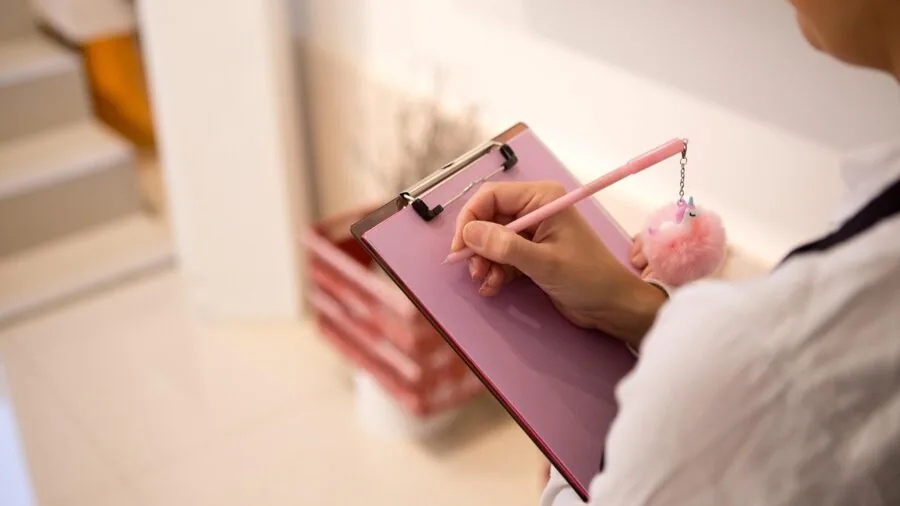 Person organizing notes on tablet with focused concentration at desk