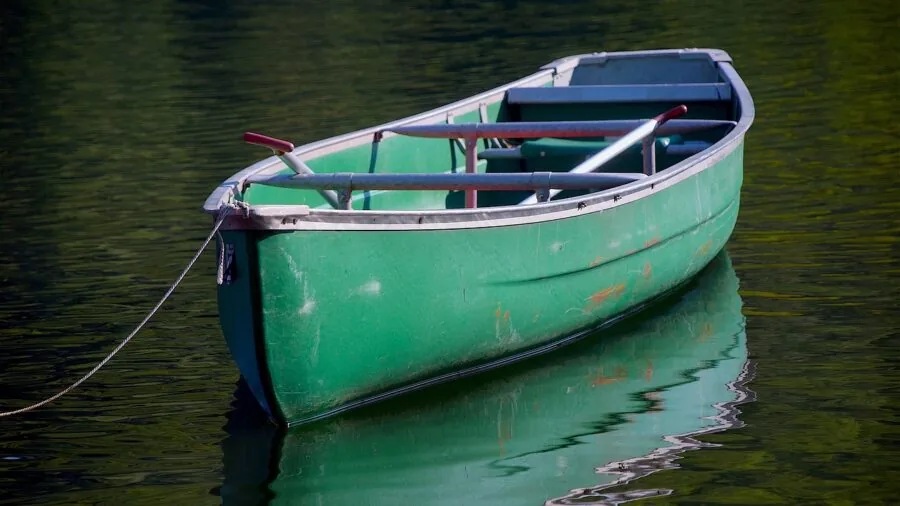 Person paddling canoe on still lake water surrounded by natural landscape