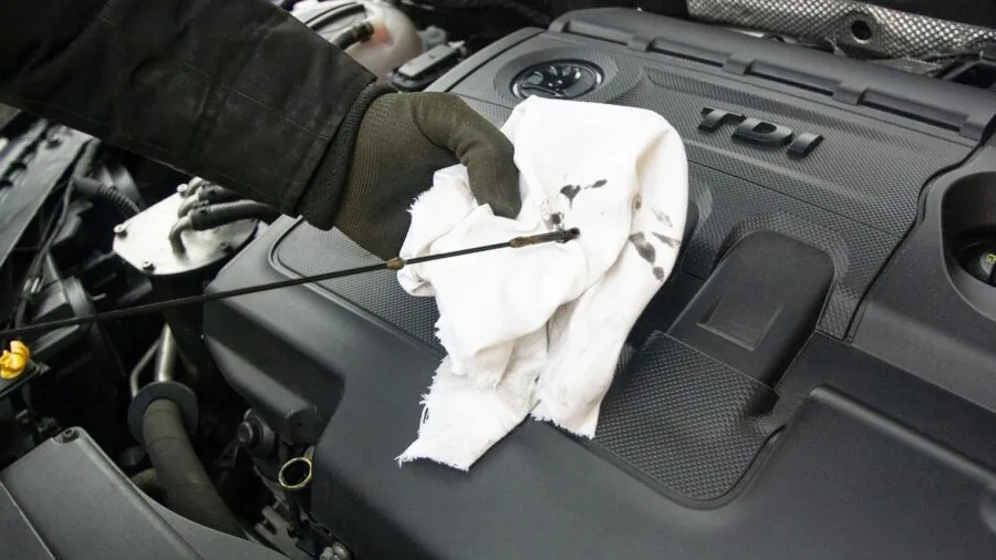 Person performing vehicle maintenance work underneath a car in a garage setting