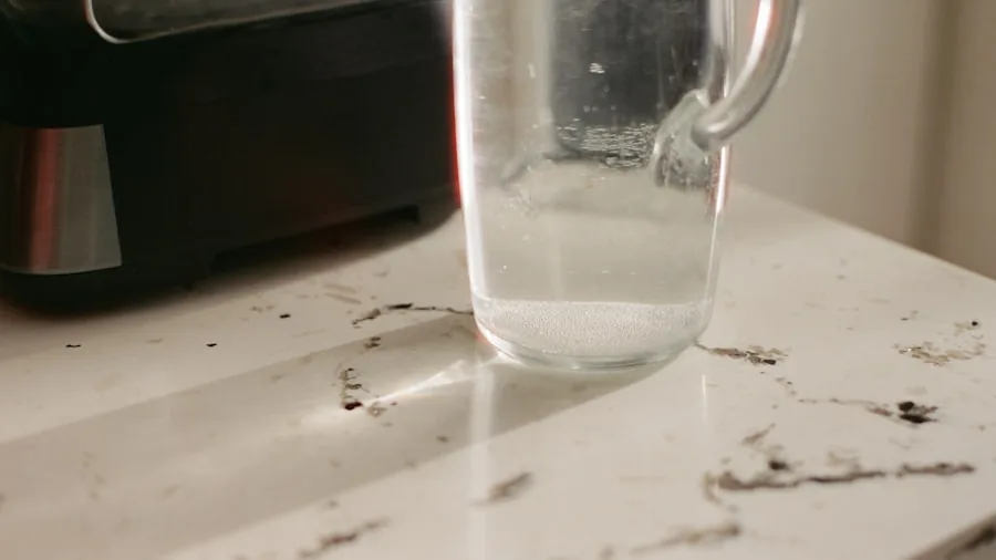 Person pouring hot water from kettle into cup on kitchen counter with morning coffee setup