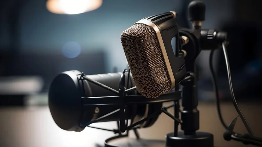 Person recording podcast in home studio with microphone and laptop, showing budget-friendly content creation workspace