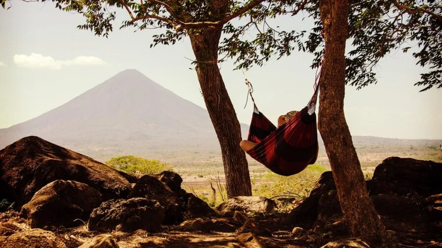 Person relaxing in a hammock strung between trees in a natural outdoor setting