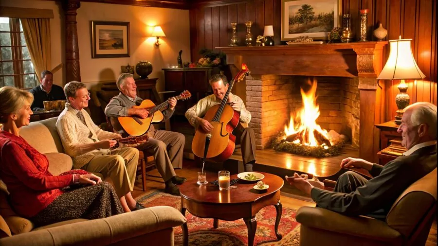 Person relaxing in comfortable living room with warm ambient lighting and cozy home atmosphere