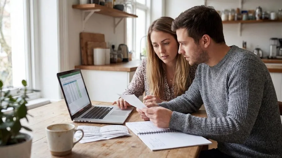 Person reviewing financial documents and laptop while planning monthly budget at desk
