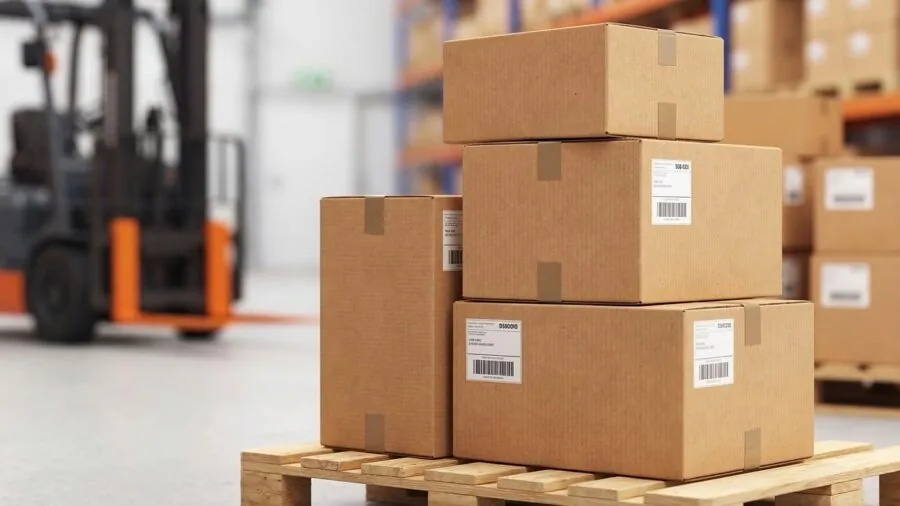 Person rolling cardboard box through doorway during apartment move and furniture delivery