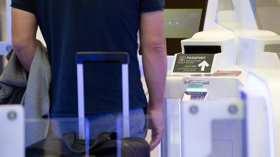Person rolling suitcase through modern airport terminal with smooth flooring