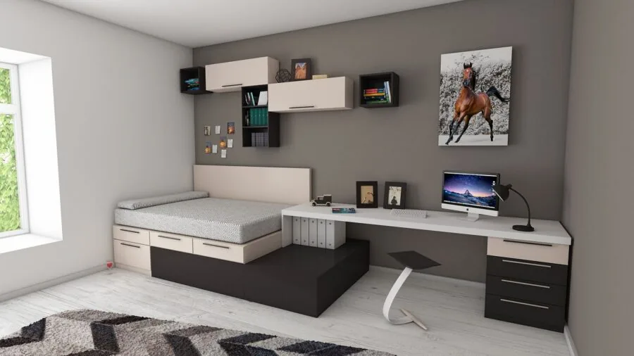 Person sliding furniture across carpeted living room floor during home rearrangement