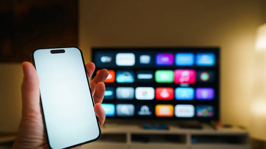 Person using remote control to navigate smart TV menu and apps in living room