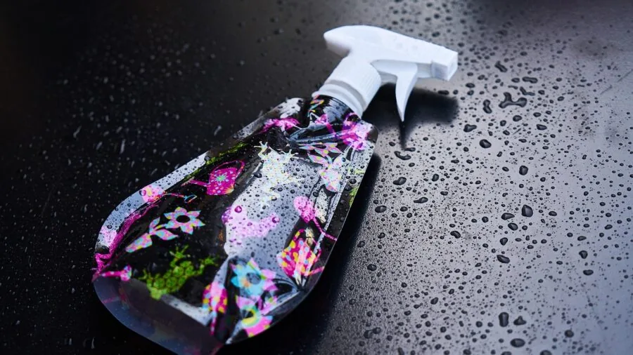 Person using trigger spray bottle to wash car exterior during weekend vehicle maintenance