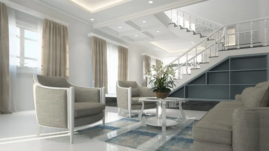 Person using voice command in modern living room with smart home devices