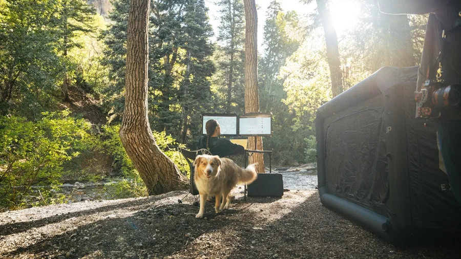 Person using wireless Bluetooth speaker outdoors in natural setting