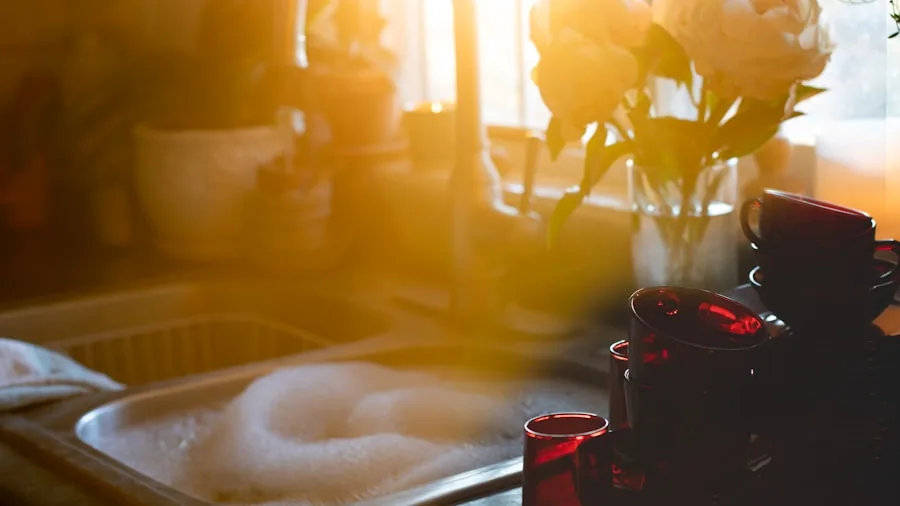 Person washing clean dishes and containers in a kitchen sink with warm soapy water