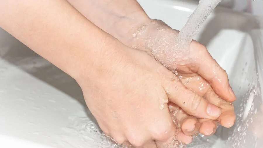 Person washing pet food bowl with running water in kitchen sink, emphasizing pet care hygiene