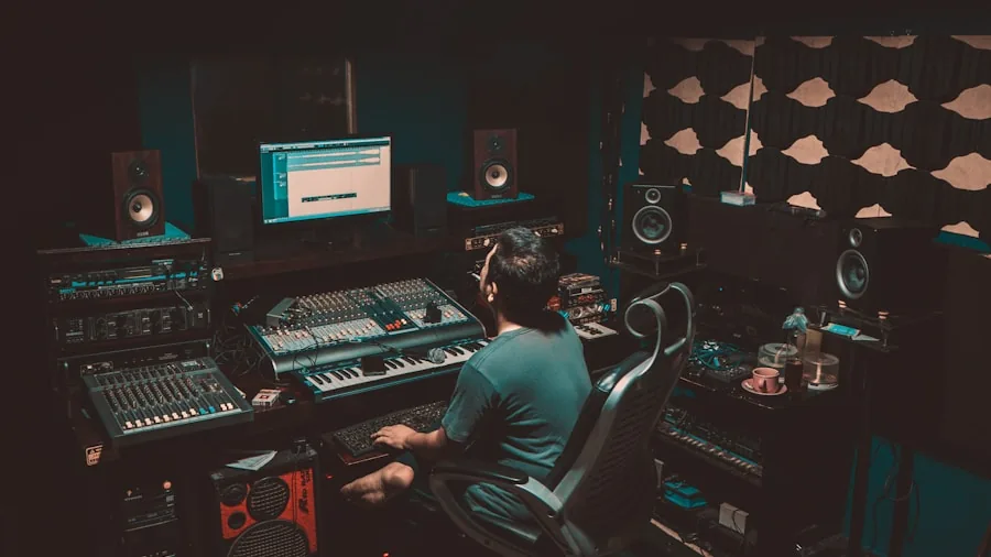 Person wearing headphones in a professional studio environment, focused on audio production and sound quality