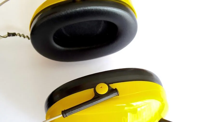 Person wearing protective ear defenders while working in workshop environment