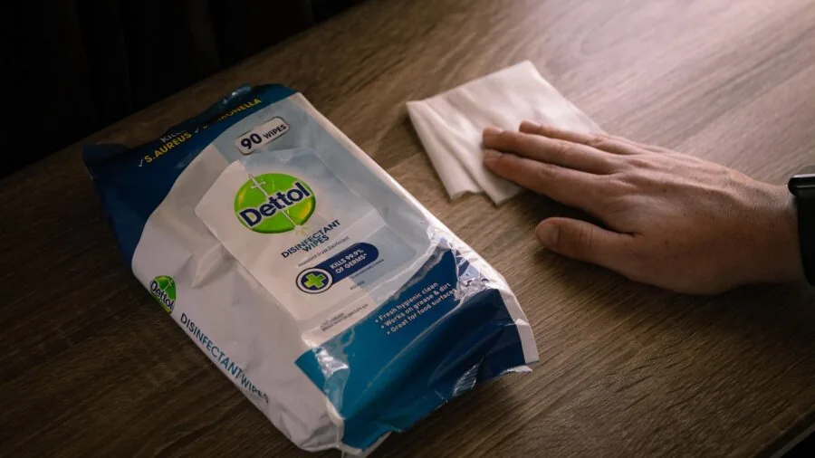 Person wiping down kitchen counter with cleaning cloth during household sanitization routine