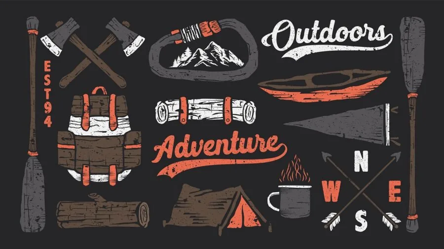 Person with backpack hiking through forest trail with camping gear and tools packed for outdoor adventure