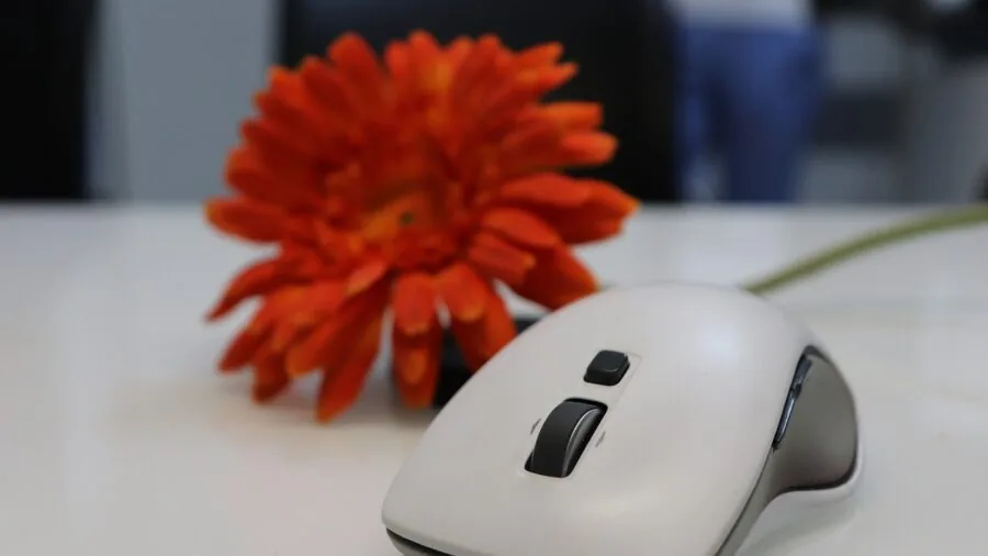 Person working at desk with properly positioned monitor at eye level for good posture and ergonomic comfort