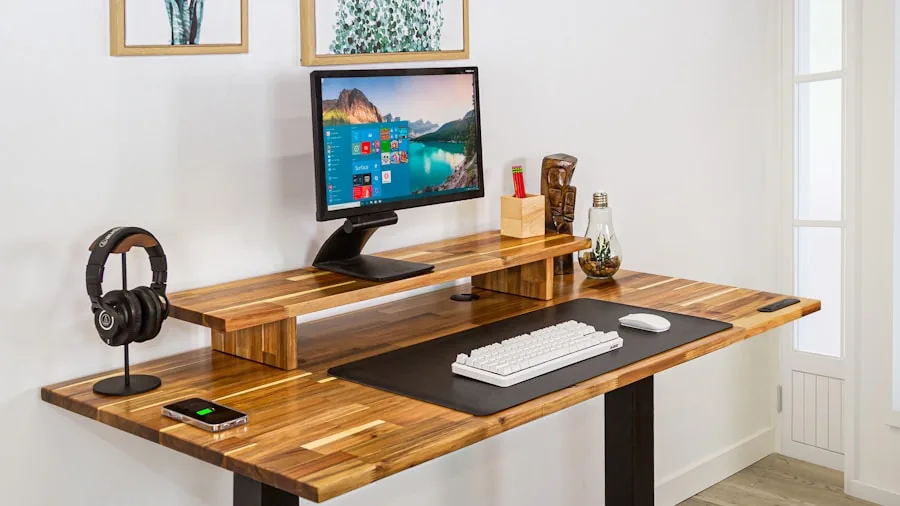 Person working at stable desk with solid frame construction in home office environment