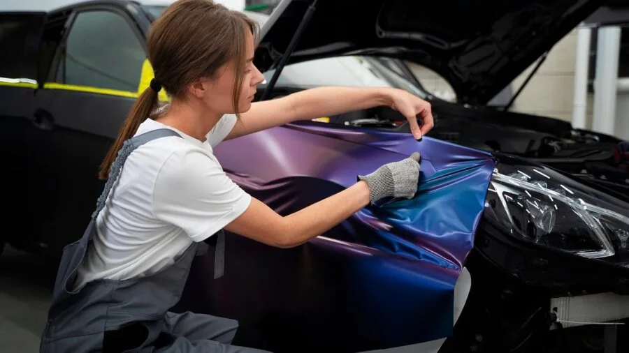 Person working on RC car repairs with spare parts and tools on wooden table