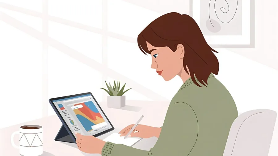 Person working on tablet with stylus at desk in creative workspace