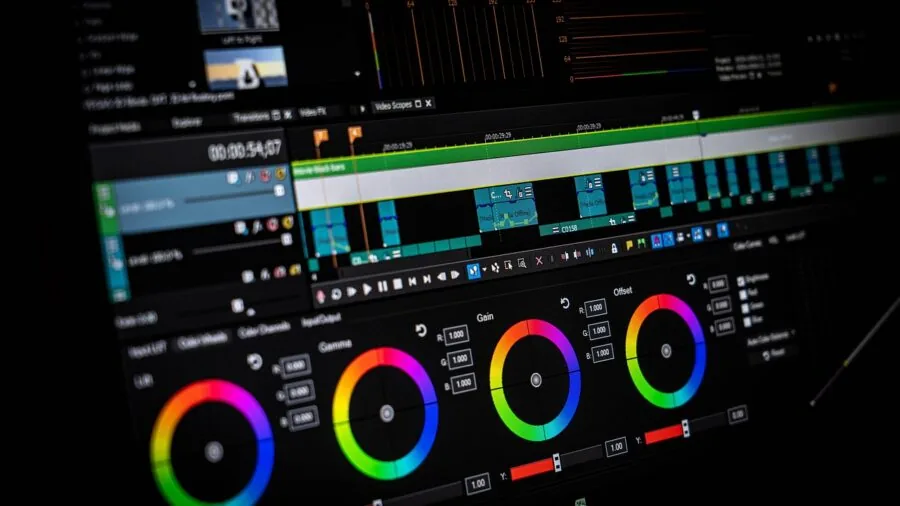 Person working on video editing software on computer monitor in home studio workspace