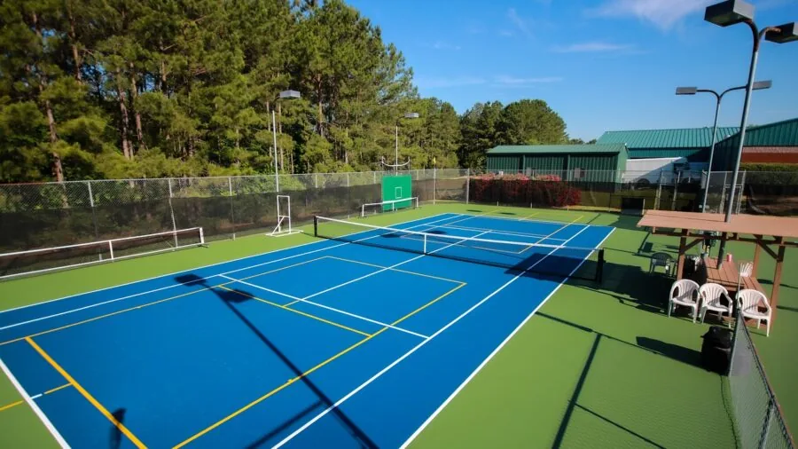 Player in action on an outdoor pickleball court during daytime gameplay