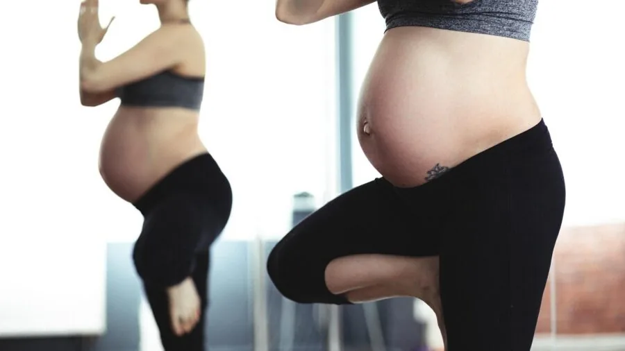 Pregnant woman researching prenatal nutrition and vitamins at home with educational materials