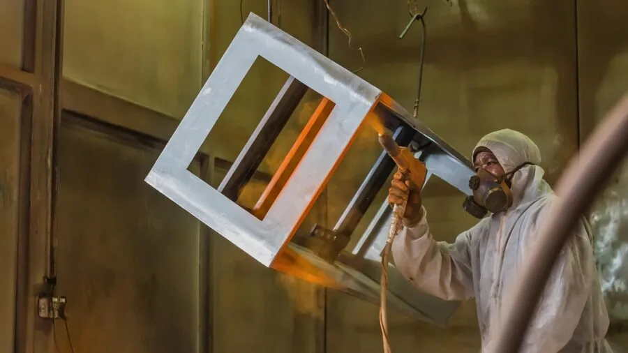 Professional electrician working at outlet in well-lit garage workshop